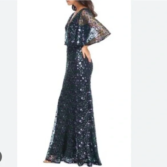 NWT! Dress the Population Lourdes Flutter Sleeve Sequin Lace Long Gown - Picture 3 of 4